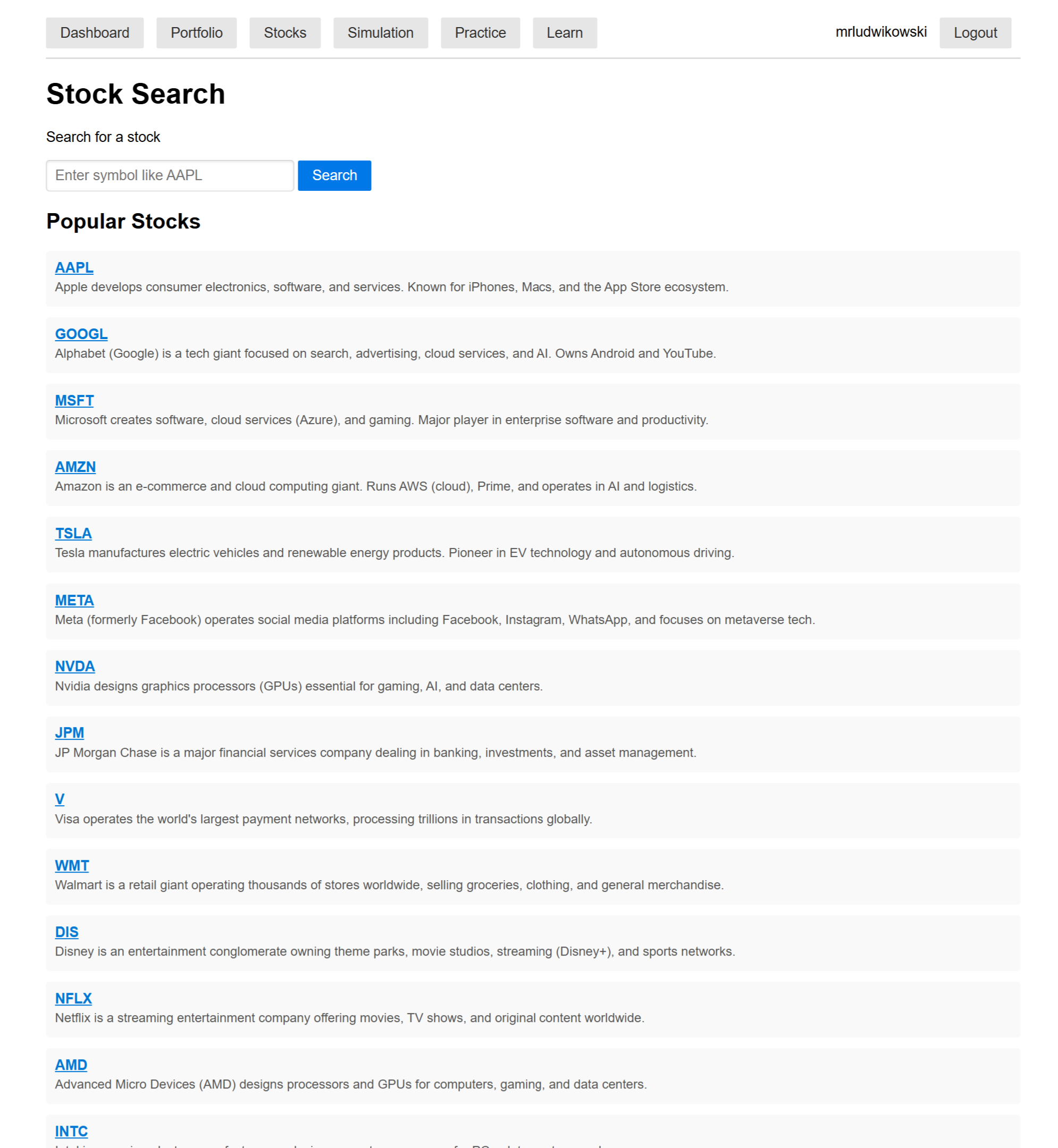 Fig 3. Stock search page